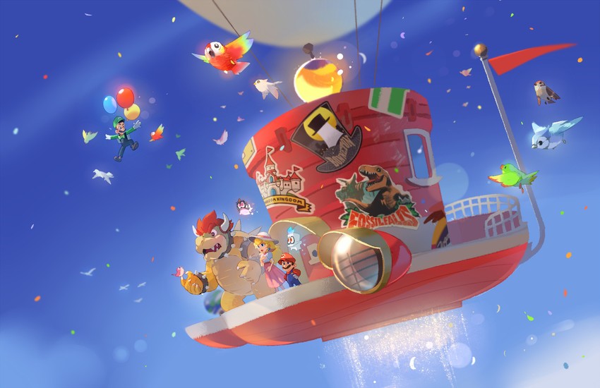 princess peach, mario, luigi, bowser, cappy, and 2 more (mario and 1 more) drawn by alexandra_nyerges