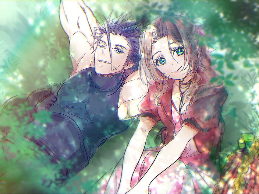 aerith gainsborough and zack fair (final fantasy and 3 more) drawn by ueto_seri