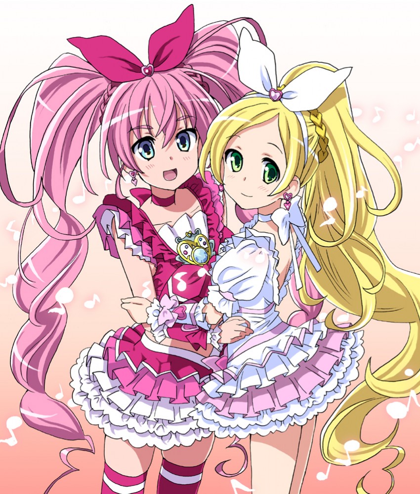houjou hibiki, minamino kanade, cure melody, and cure rhythm (precure and 1 more) drawn by homing_(areya)