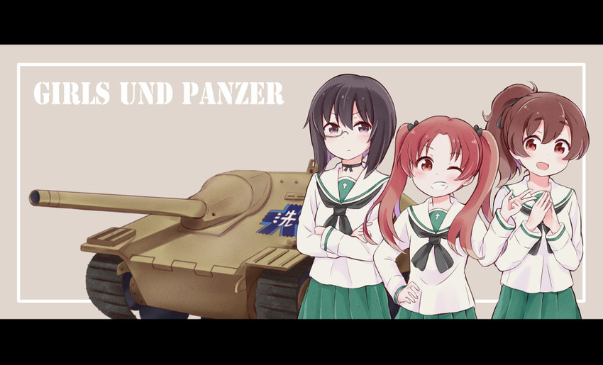 kadotani anzu, kawashima momo, and koyama yuzu (girls und panzer) drawn by check_(check_book)