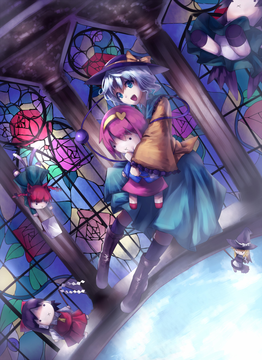 hakurei reimu, kirisame marisa, komeiji koishi, komeiji satori, kaenbyou rin, and 1 more (touhou) drawn by u_u_zan