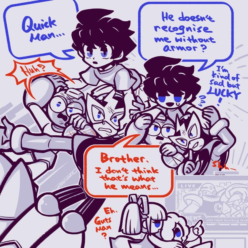 roll, mega man, cut man, quick man, crash man, and 3 more (mega man) drawn by laser-lance