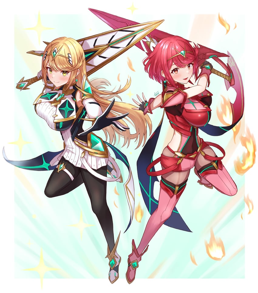pyra and mythra (xenoblade chronicles and 2 more) drawn by taro_(peach_taro51)