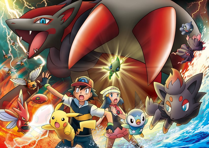 dawn, ash ketchum, piplup, celebi, zorua, and 6 more (pokemon and 2 more)