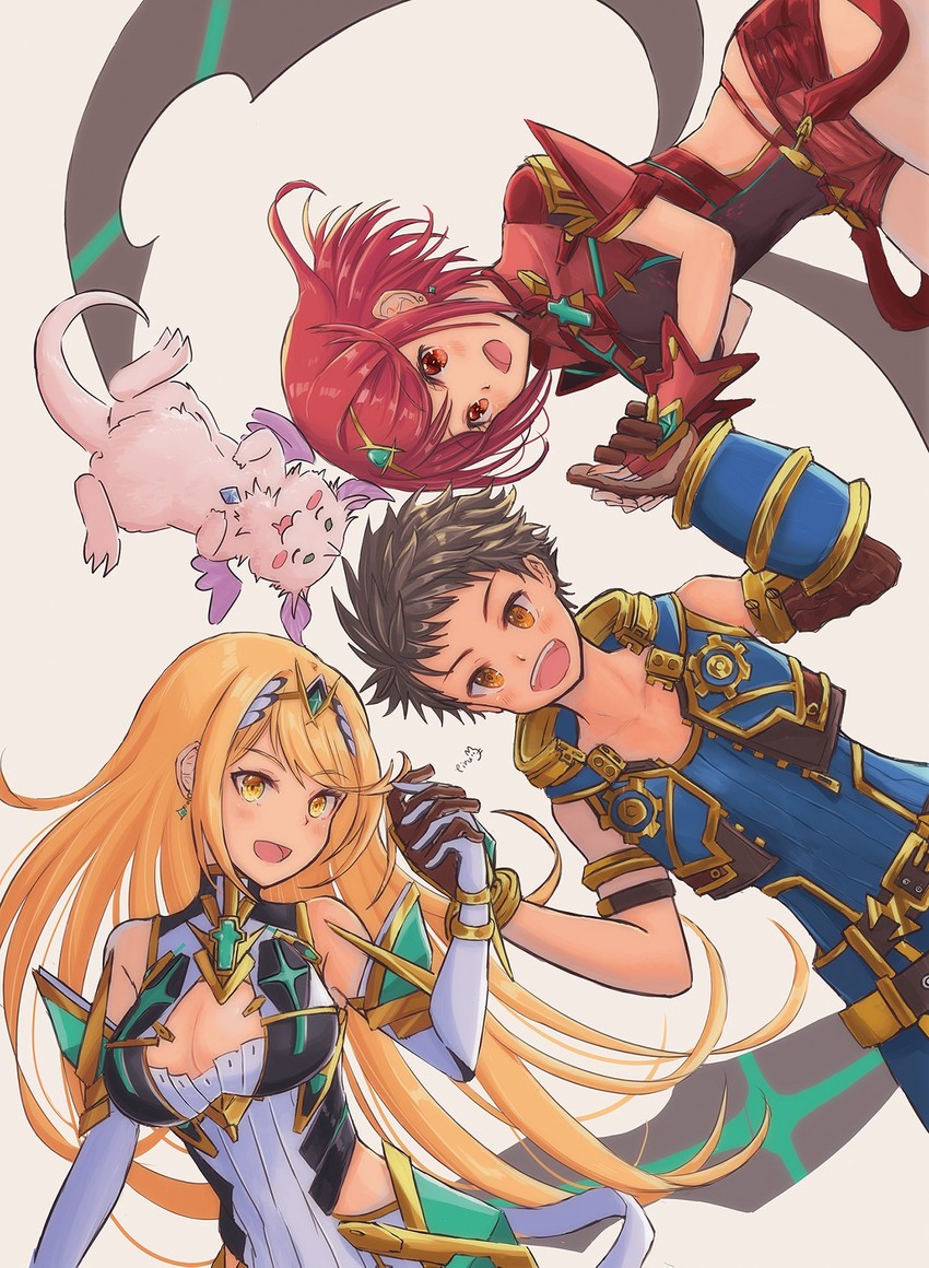 pyra, mythra, rex, and azurda (xenoblade chronicles and 1 more) drawn by tiruneko