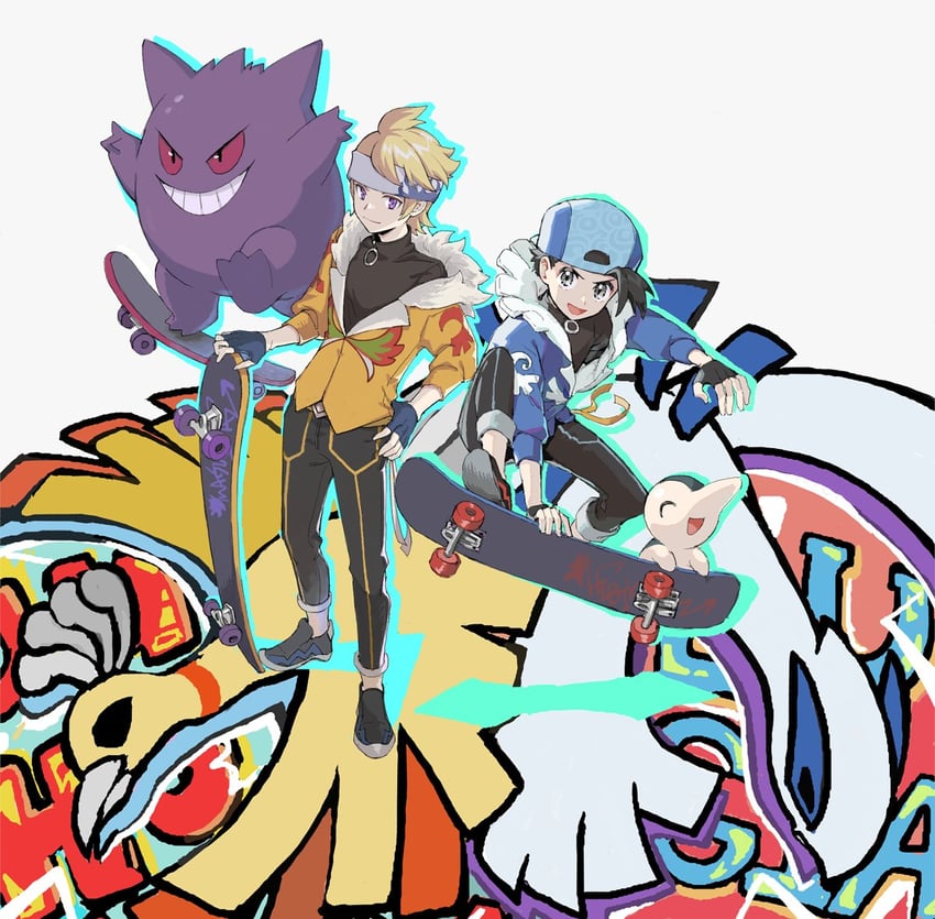 ethan, gengar, cyndaquil, lugia, ho-oh, and 1 more (pokemon and 2 more) drawn by huan_li