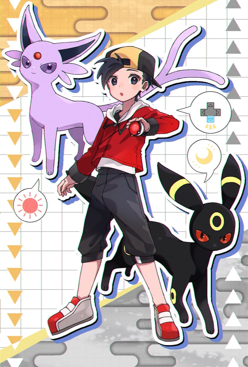 ethan, umbreon, and espeon (pokemon and 1 more) drawn by nisanrei121