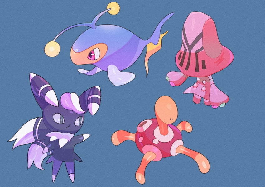 meowstic, shuckle, lanturn, and beheeyem (pokemon) drawn by saiku_(zvlku)