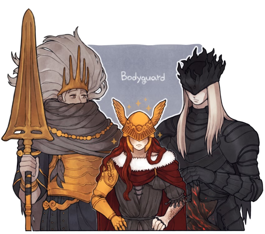 malenia blade of miquella, nameless king, and lorian (elden ring and 3 more) drawn by donar0217