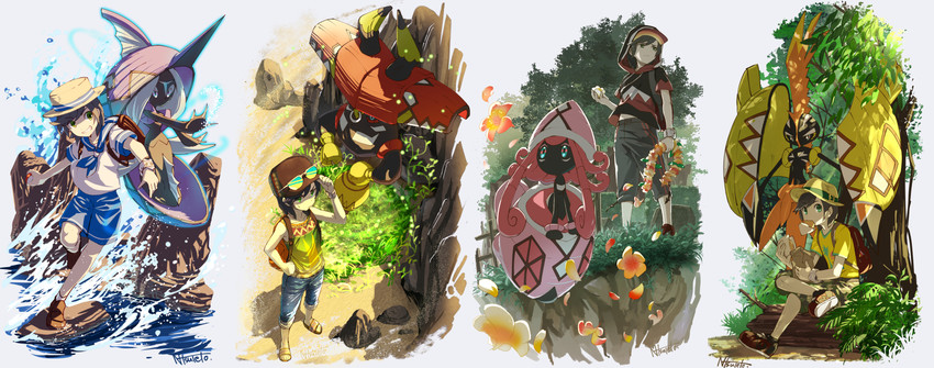 elio, tapu lele, tapu koko, tapu fini, and tapu bulu (pokemon and 1 more) drawn by natsuno_hamuto