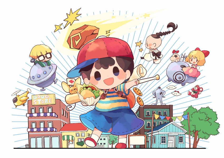 ness, paula, doseisan, jeff andonuts, poo, and 5 more (mother and 1 more) drawn by hitofutarai