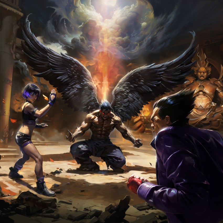 kazama jin, mishima kazuya, reina, and devil jin (tekken and 1 more) drawn by emusheret6