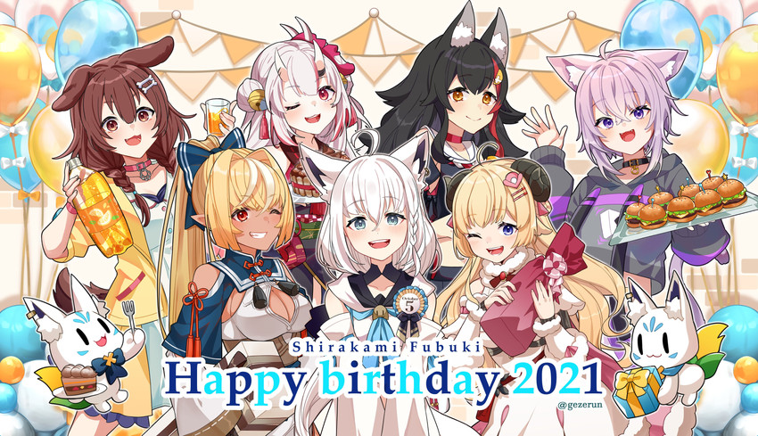 shirakami fubuki, nekomata okayu, ookami mio, inugami korone, nakiri ayame, and 3 more (hololive) drawn by gezerun