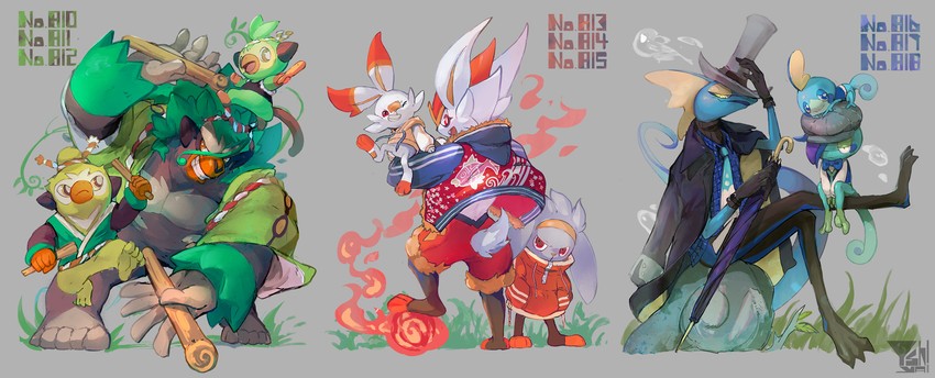 scorbunny, sobble, grookey, cinderace, inteleon, and 4 more (pokemon) drawn by yoshiya_(lostbeat)
