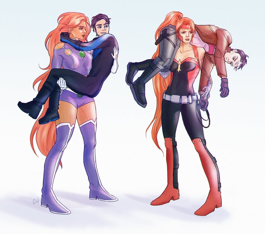 starfire, jason todd, nightwing, red hood, artemis of bana-mighdall, and 1 more (dc comics and 3 more) drawn by akoichoi