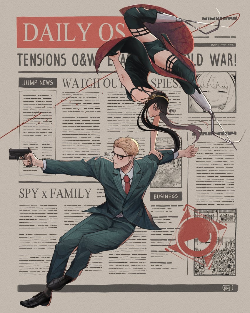 yor briar, anya, twilight, gazelle, and harry hart (spy x family and 1 more) drawn by puujima