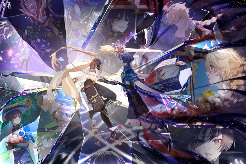 scaramouche, aether, wanderer, and paimon (genshin impact) drawn by buzheng61241