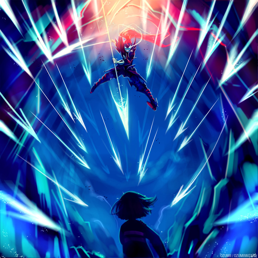 frisk, undyne, and undyne the undying (undertale) drawn by ozumii