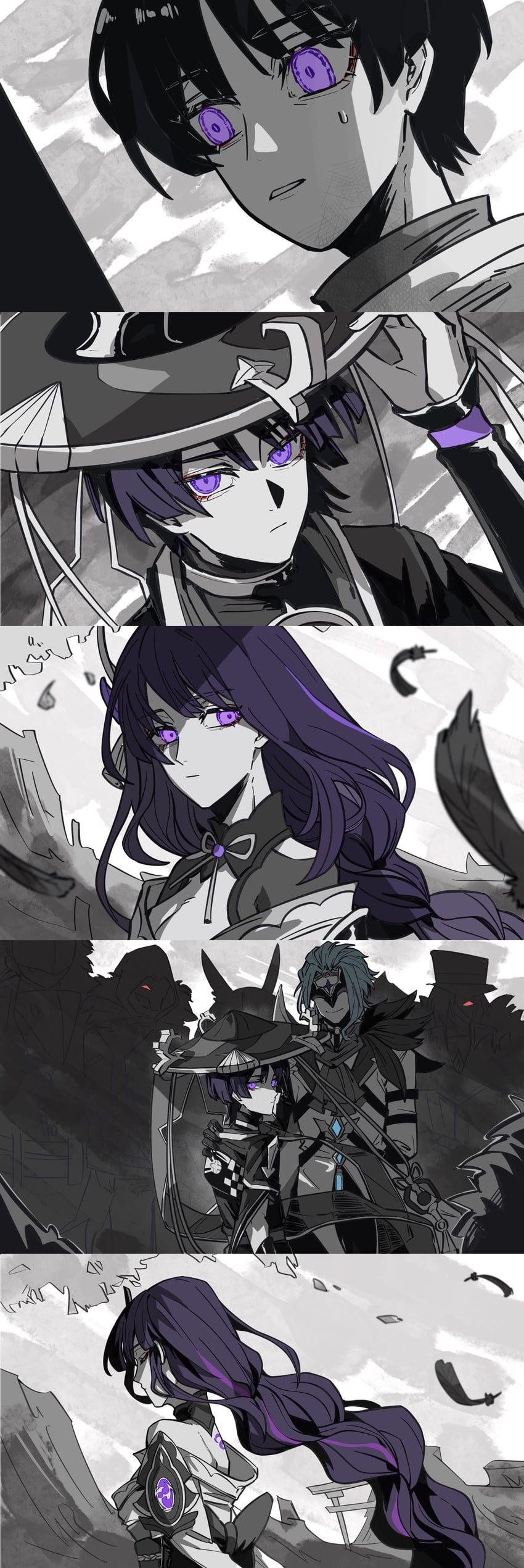 raiden shogun, scaramouche, and dottore (genshin impact) drawn by feixuzhanshitouwerundead