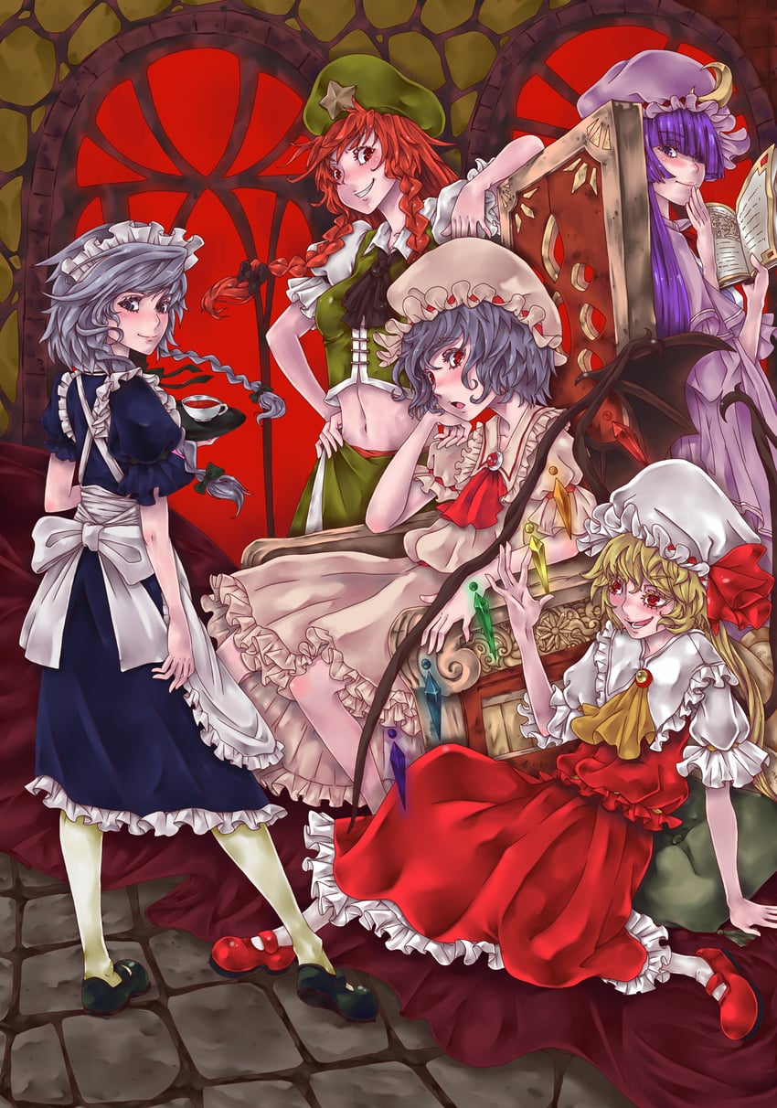 remilia scarlet, flandre scarlet, izayoi sakuya, patchouli knowledge, and hong meiling (touhou and 1 more) drawn by howard92718