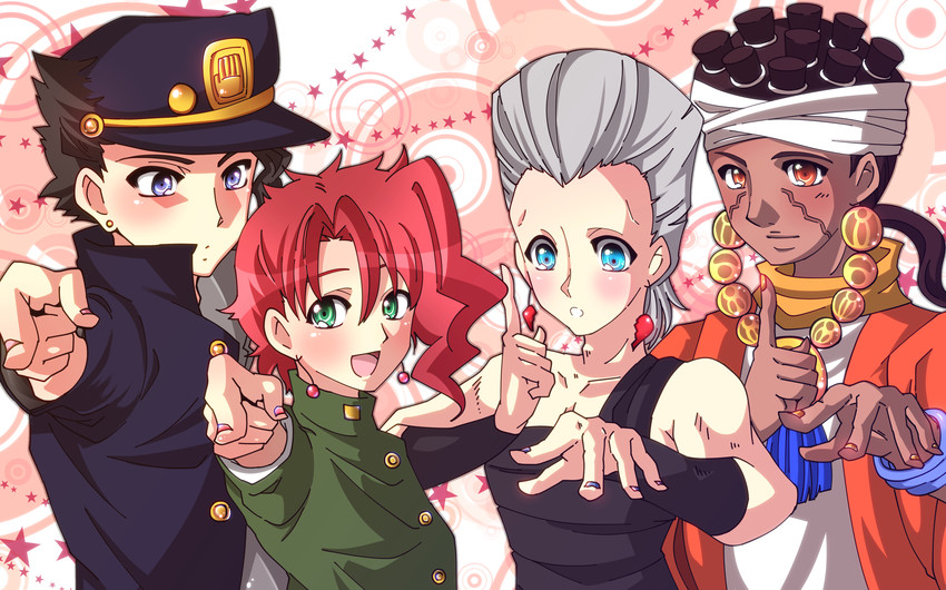 kujo jotaro, kakyoin noriaki, jean pierre polnareff, and mohammed avdol (jojo no kimyou na bouken and 1 more) drawn by no_(yuki)