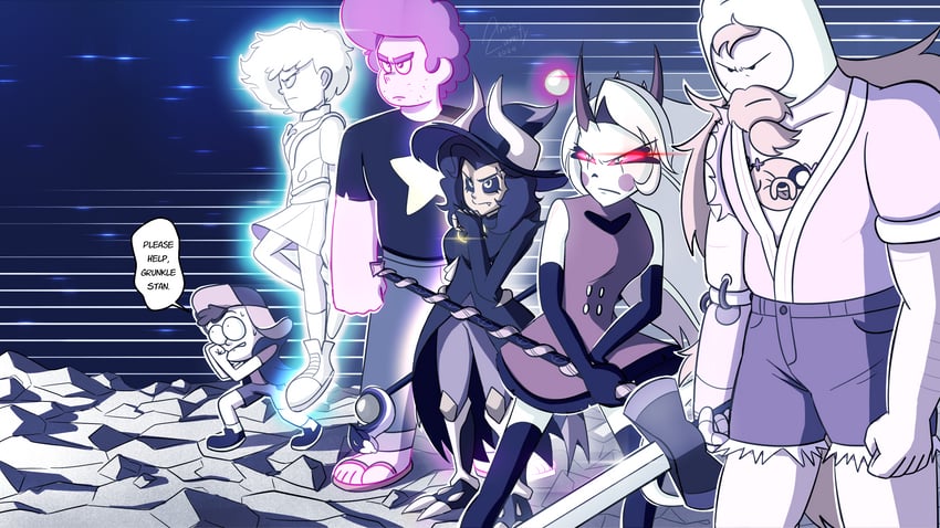 charlie morningstar, luz noceda, anne boonchuy, dipper pines, finn the human, and 2 more (hazbin hotel and 6 more) drawn by anisic_lumity