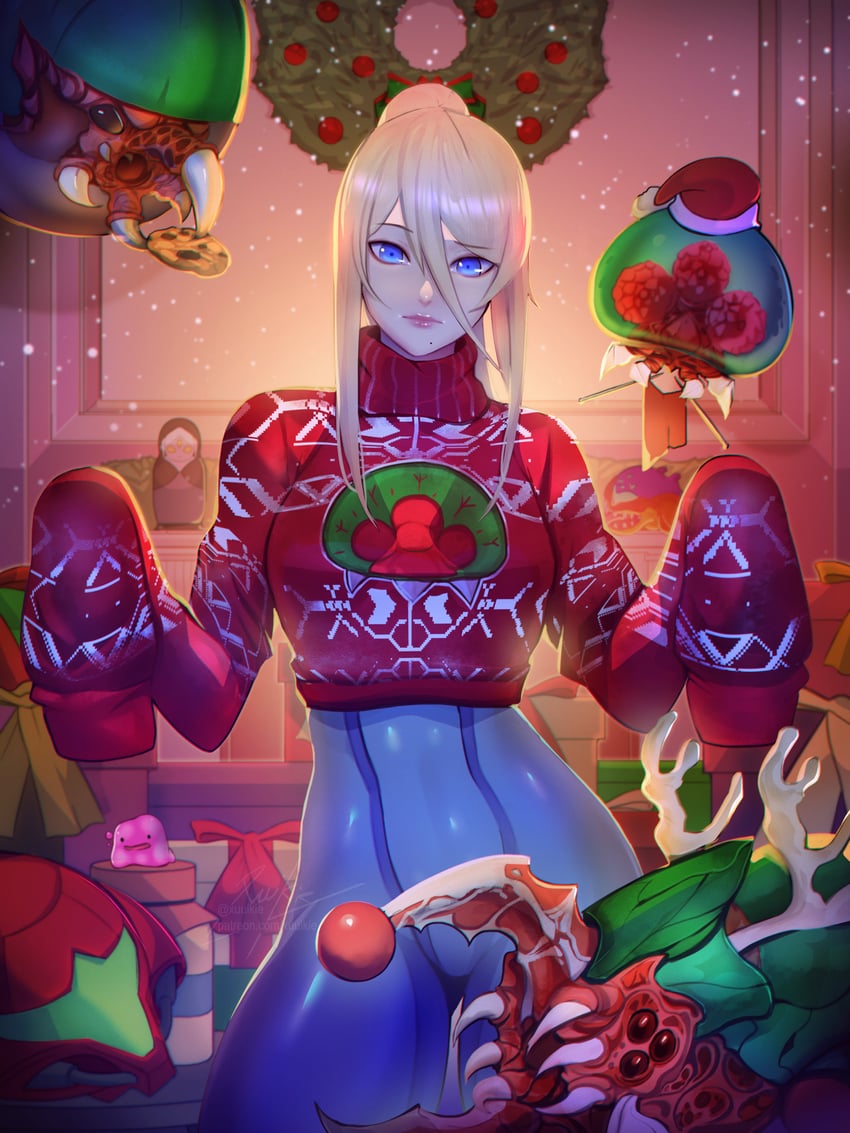 samus aran, metroid, and metroid larva (metroid) drawn by xuuikie_ashe