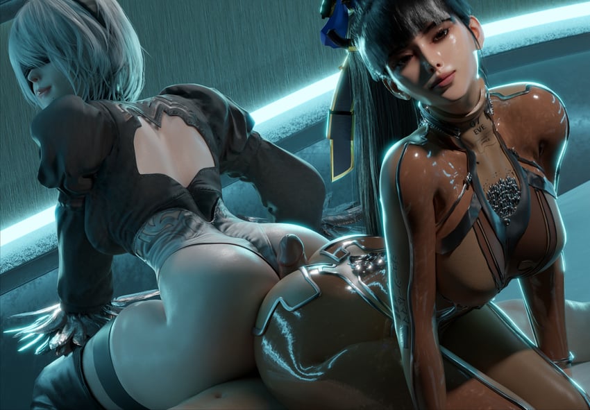 2b and eve (nier and 2 more) drawn by gretdb and mokujin_hornywood