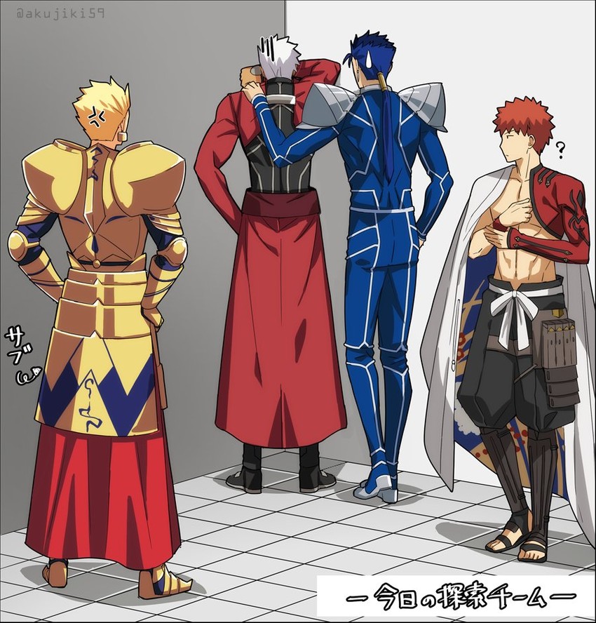gilgamesh, emiya shirou, cu chulainn, archer, and senji muramasa (fate and 2 more) drawn by akujiki59