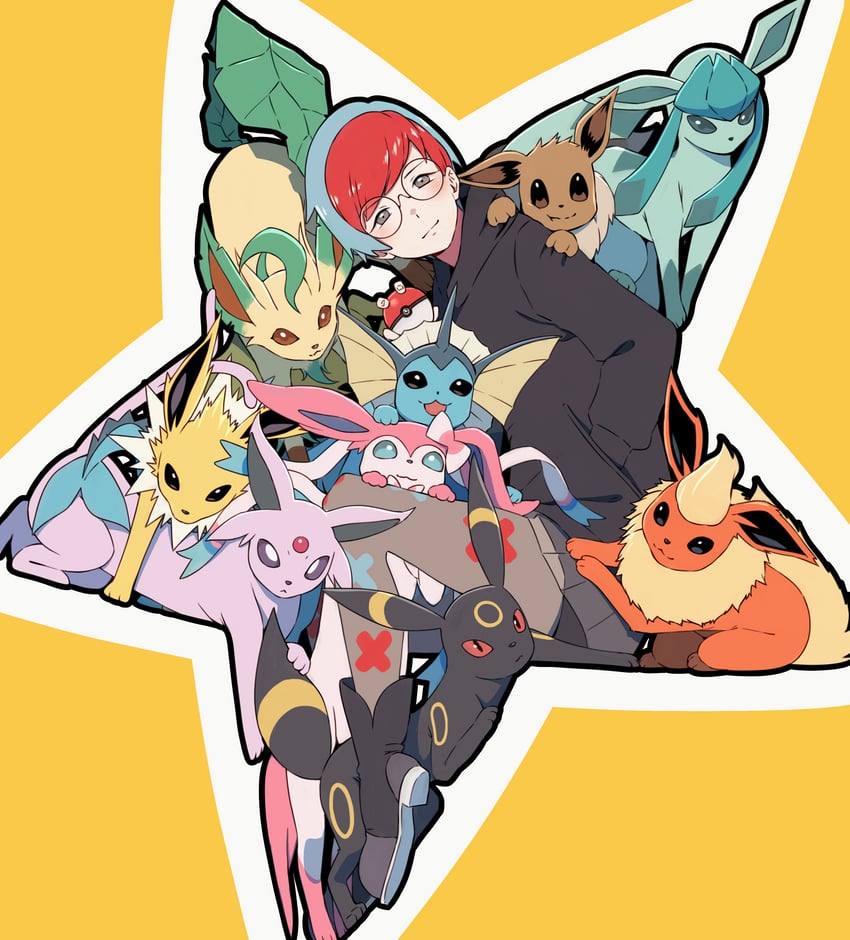 eevee, sylveon, umbreon, glaceon, vaporeon, and 5 more (pokemon and 1 more) drawn by aduti_momoyama