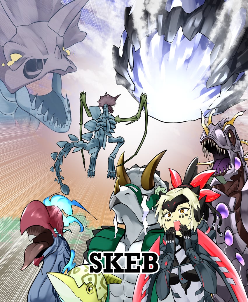 dinomorphia kentregina, nibiru the primal being, dinowrestler pankratops, souleating oviraptor, petiteranodon, and 2 more (yu-gi-oh!) drawn by sawan_cutman