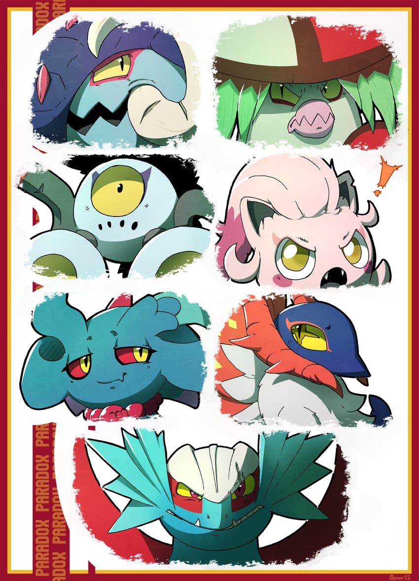 scream tail, flutter mane, slither wing, roaring moon, sandy shocks, and 2 more (pokemon) drawn by spino_(spinoone)