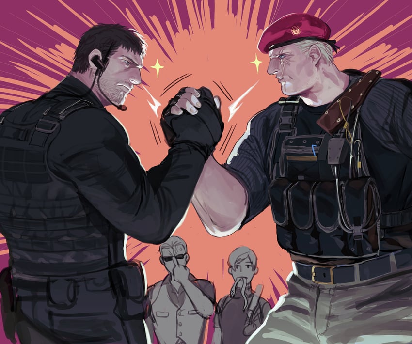 leon s. kennedy, chris redfield, albert wesker, and jack krauser (resident evil and 2 more) drawn by on_(isk1812)