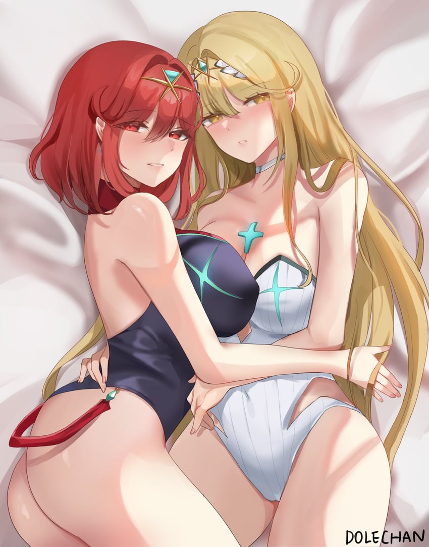 pyra and mythra (xenoblade chronicles and 1 more) drawn by dolechan
