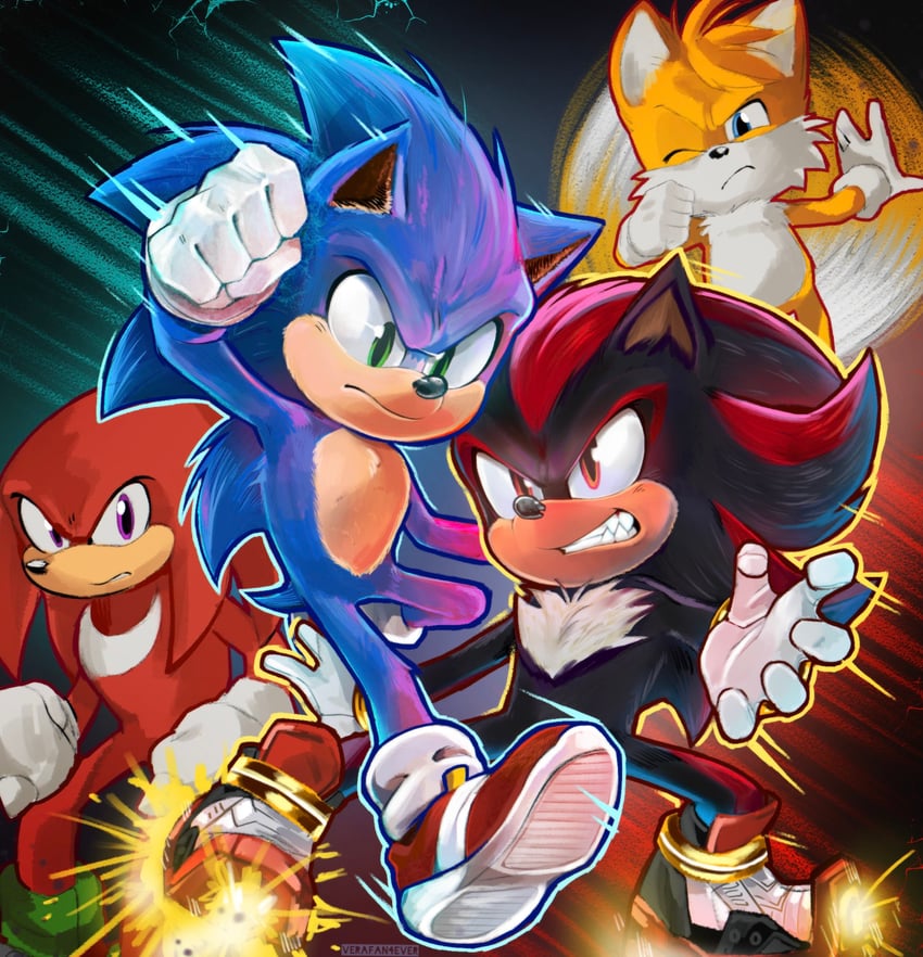 sonic the hedgehog, shadow the hedgehog, tails, and knuckles the echidna (sonic and 1 more) drawn by verafan4ever