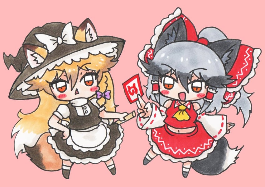 hakurei reimu, kirisame marisa, silver fox, and ezo red fox (touhou and 1 more) drawn by nejirome