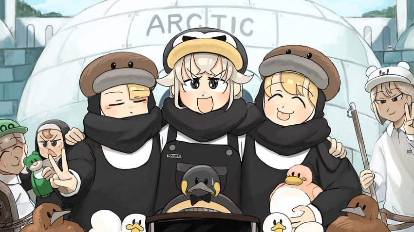 clumsy nun, froggy nun, spicy nun, penguin keeper, seal keeper, and 1 more (little nuns and 1 more) drawn by diva_(hyxpk)