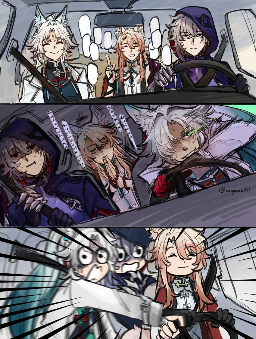 feixiao, jiaoqiu, and moze (honkai and 1 more) drawn by hongam2911