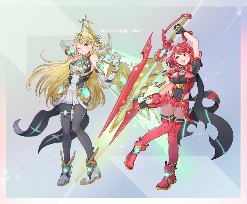 pyra and mythra (xenoblade chronicles and 2 more) drawn by chomo_(engawaparty)