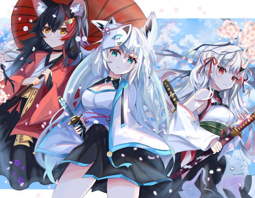 shirakami fubuki, ookami mio, nakiri ayame, shiranui, and karma (hololive) drawn by soma443