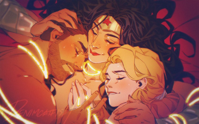 wonder woman, wonder girl, cassie sandsmark, and steve trevor (dc comics) drawn by denimcatfish