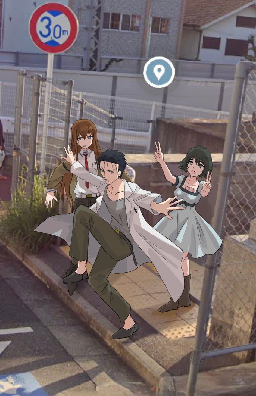 makise kurisu, okabe rintarou, and shiina mayuri (steins;gate) drawn by jun_(rellik_&_redrum)