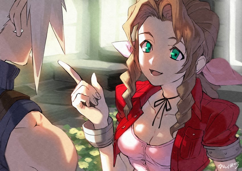 cloud strife and aerith gainsborough (final fantasy and 1 more) drawn by nanpou_(nanpou0021)