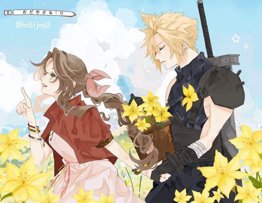 cloud strife and aerith gainsborough (final fantasy and 3 more) drawn by nitijoy2