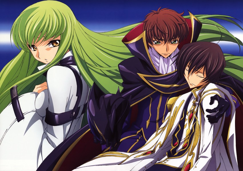 c.c., lelouch vi britannia, kururugi suzaku, and zero (code geass) drawn by tabata_hisayuki
