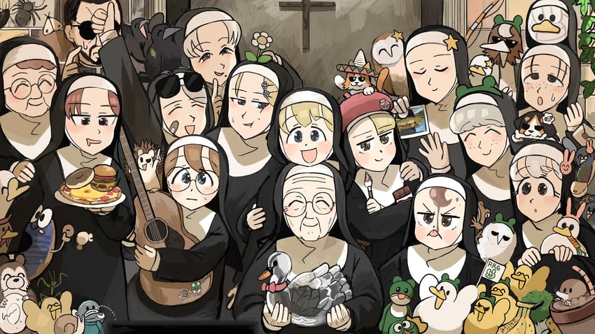 clumsy nun, froggy nun, spicy nun, strict nun, sheep nun, and 10 more (little nuns) drawn by diva_(hyxpk)