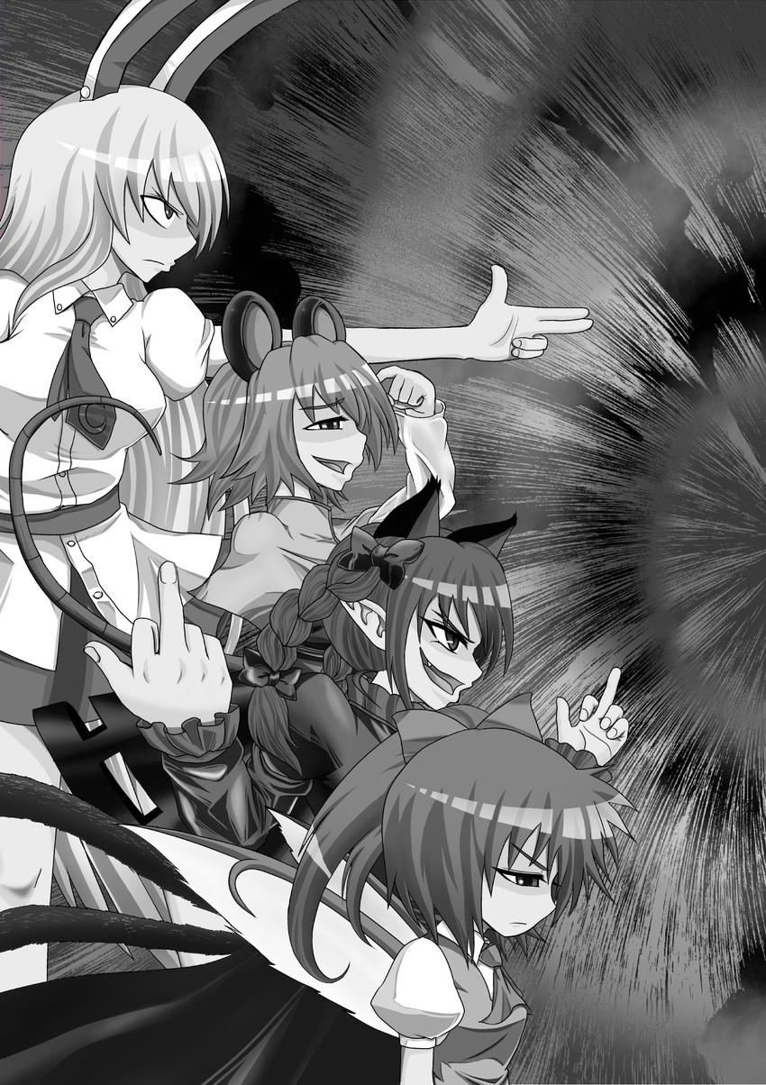reisen udongein inaba, kaenbyou rin, nazrin, and daiyousei (touhou) drawn by niiko_(gonnzou)