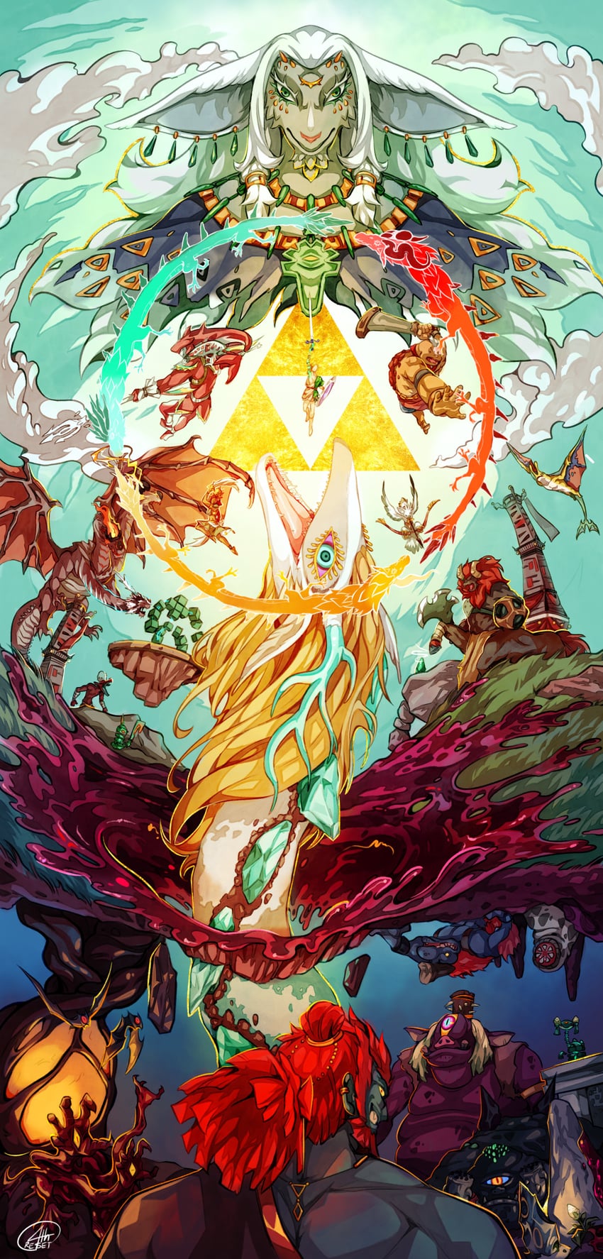 link, ganondorf, sidon, riju, light dragon, and 21 more (the legend of zelda and 1 more) drawn by 4threset