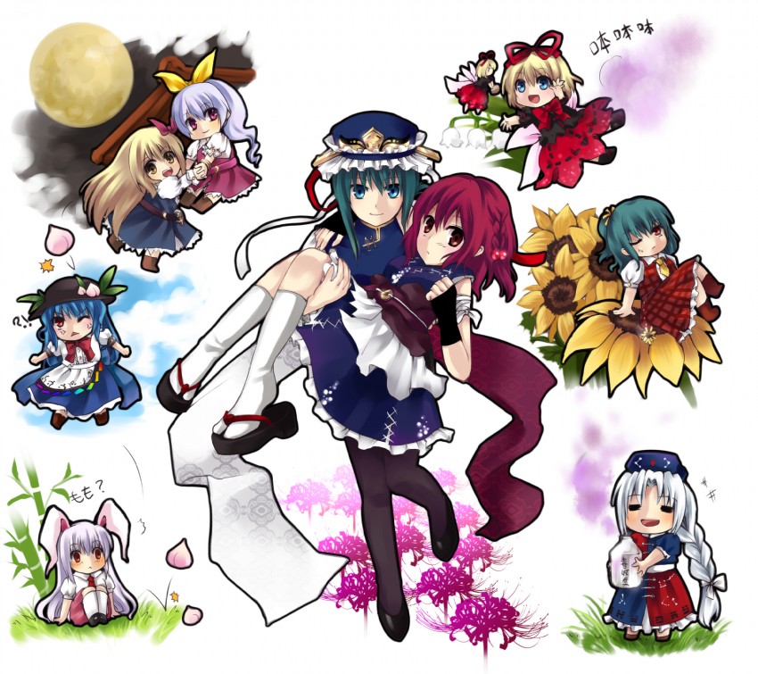 reisen udongein inaba, kazami yuuka, hinanawi tenshi, yagokoro eirin, shiki eiki, and 5 more (touhou) drawn by jing_hu
