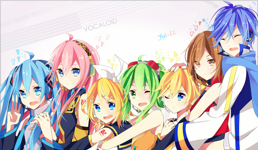 hatsune miku, kagamine rin, kagamine len, megurine luka, kaito, and 2 more (vocaloid) drawn by yui_(22)